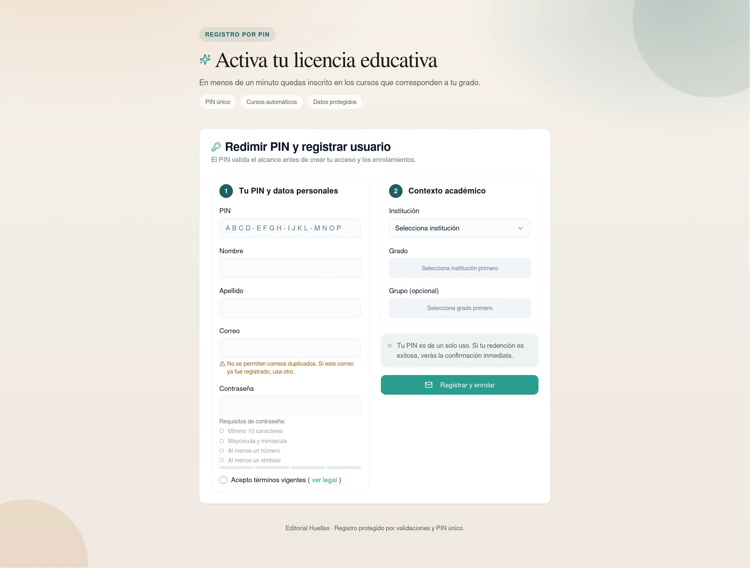 Captura del portal de registro por PIN de Editorial Huellas